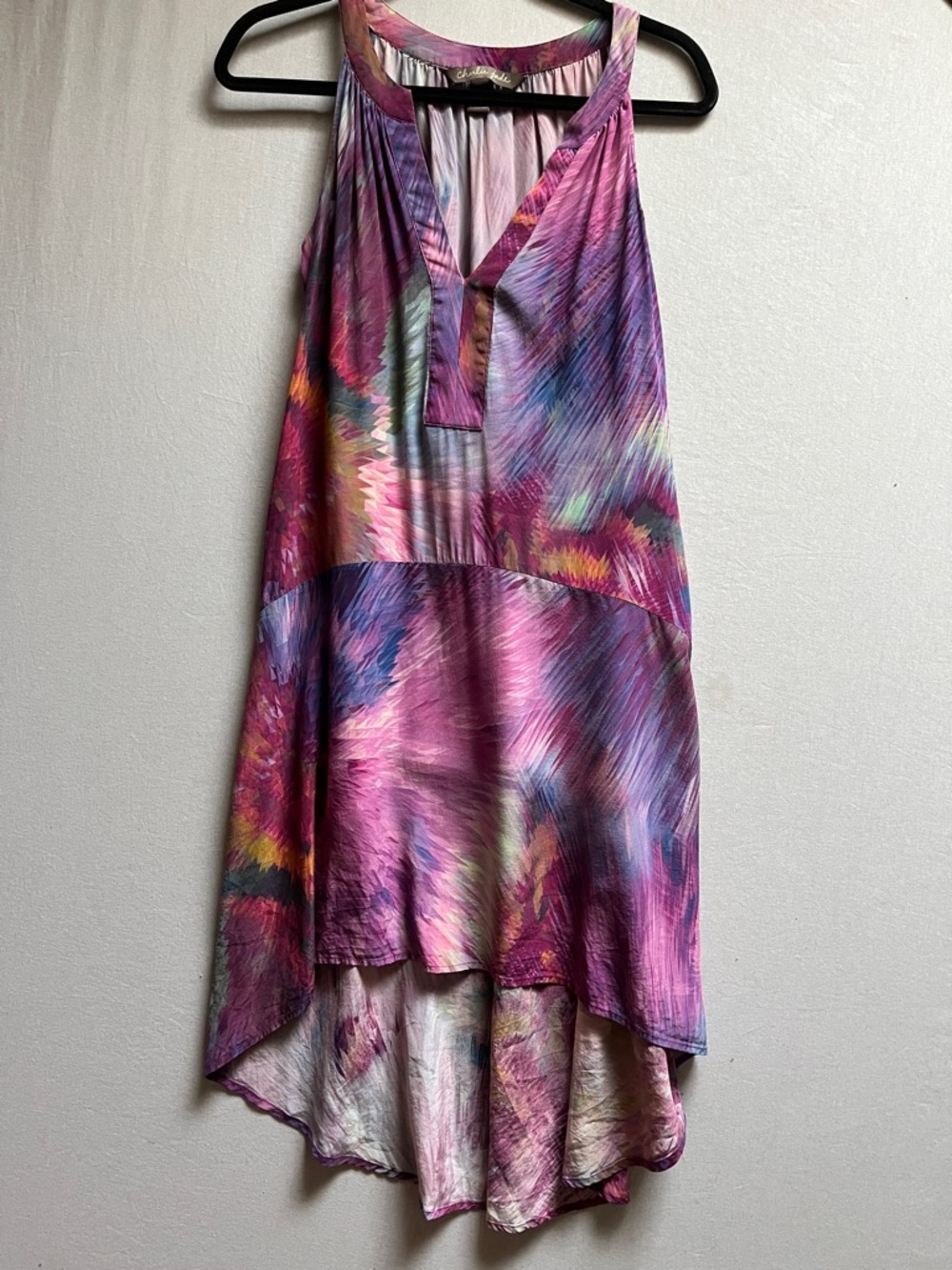 Charlie Jade Purple Abstract 100% Silk hi lo dress Sz S
